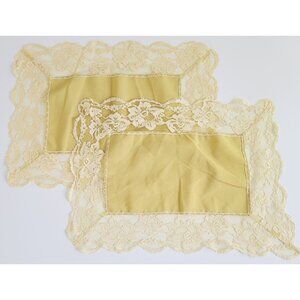 Vintage Lace & Fabric Table Runners Set Of 2 Yellow Floral Rectangular 16"x12"